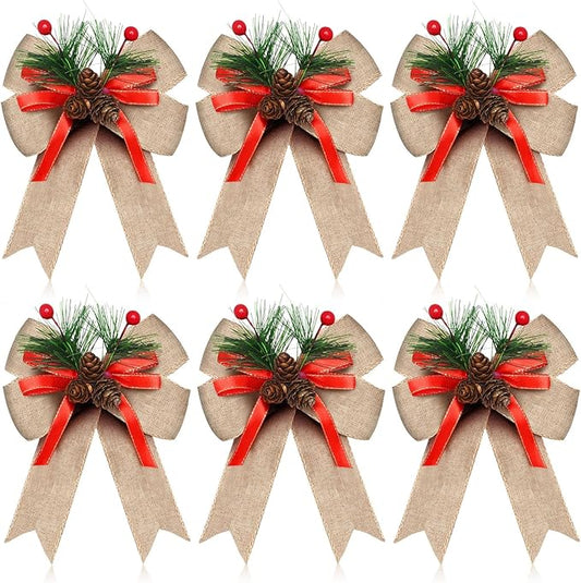 Syhood 6 Pcs Christmas Bows with Pine Cones Pine Needles Xmas Flaxen Bows Ribbon Christmas Tree Wreath Decoration for Xmas Parties Indoor Outdoor Crafts DIY Decor