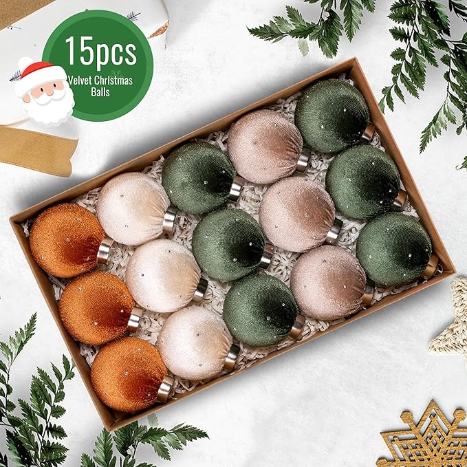 Christmas Tree Ornaments Set Velvet Balls, 15pcs Shatterproof Christmas Bulbs Ornaments for Xmas Tree Decorative Hanging, Vintage Flocked Decoration, 58mm, 2.3in, Multicolor Green Brown Neutral