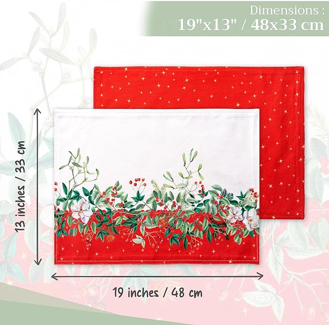 Maison d' Hermine Placemats Set of 4 100% Cotton Washable Cloth Place Mats, Reusable Table Mats for Kitchen Dining Decoration, Party, Wedding, Restaurant (Noel, 13" x 19")