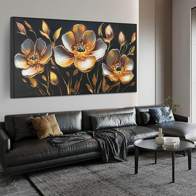 Gold Flower Canvas Art Wall Decor for Bedroom - Gold and Black Art Work for Living Room Walls - Framed Hand Painted Wall Art Size 29" x 59"