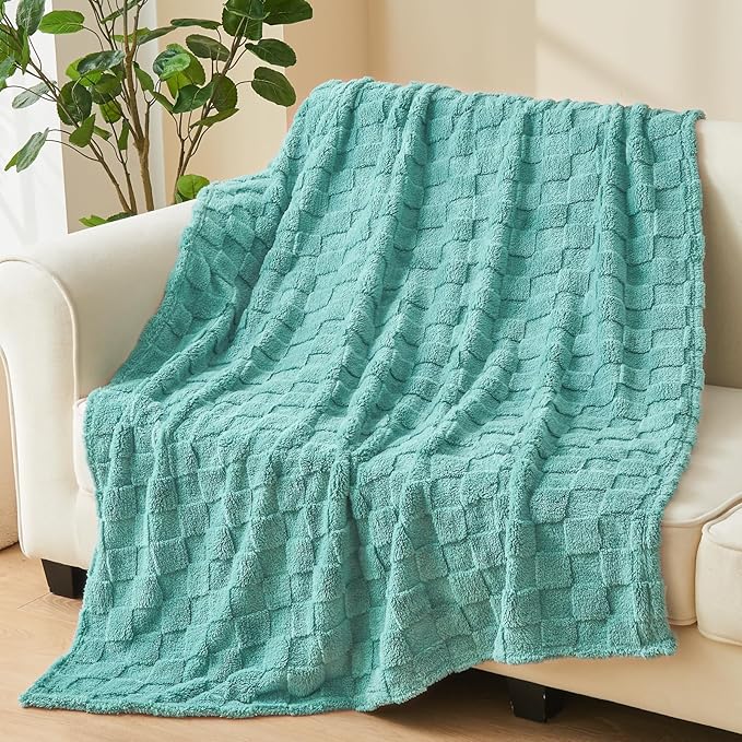 NEWCOSPLAY Super Soft Twin Blanket Mint Green Premium Silky Flannel Fleece 3D Checkered Lightweight Bed Blanket All Season Use (Mint Green Checkered, Twin(60"x80"))