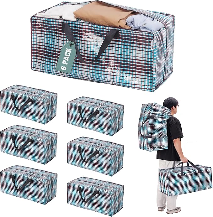 WORKPRO 6 Pack Extra Large Moving Bags with Zippers & Carrying Handles Backpack Straps, Heavy-Duty Storage Tote for Space Saving & Storage, Alternative to Moving Box (Lattice Printing)