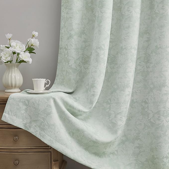 Beauoop Green Floral Jacquard Blackout Curtains 84 Inches Long 2 Panels for Bedroom Living Room Sage Flower Chenille Room Darkening Thermal Insulated Soundproof Grommet Window Treatments Drapes, 52x84