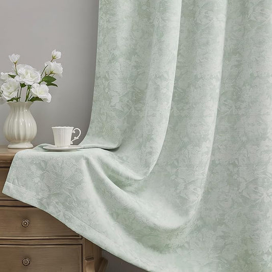 Beauoop Green Floral Jacquard Blackout Curtains 84 Inches Long 2 Panels for Bedroom Living Room Sage Flower Chenille Room Darkening Thermal Insulated Soundproof Grommet Window Treatments Drapes, 52x84