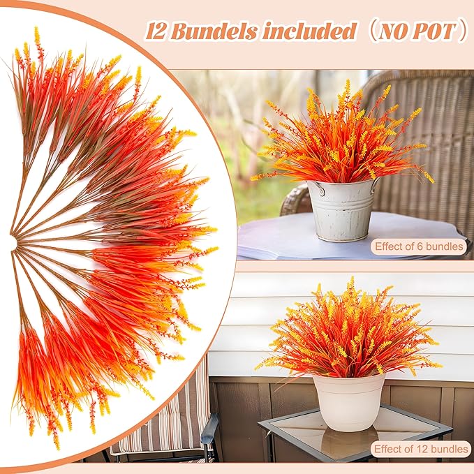 Artificial Fall Outdoor Faux Plants Decoration, 12 Bundles Fake Monkey Grass for Autumn Indoor Decor, Fall Lavender Flower Shrubs UV Resistant Bush Planter No Fade for Garden Porch Balcony(Mix)