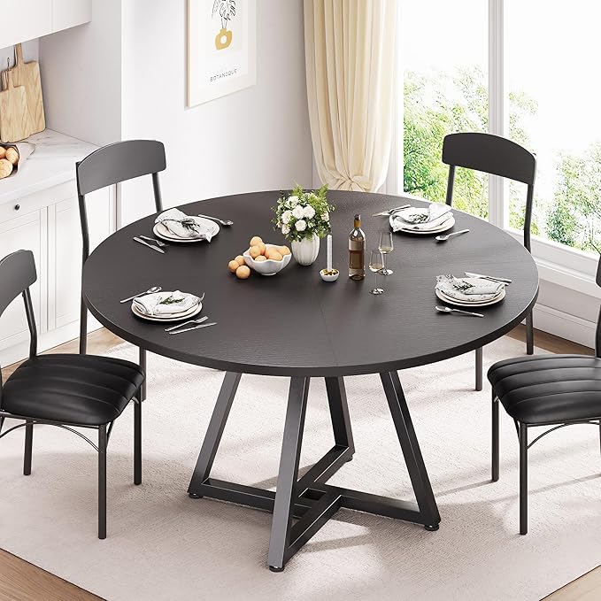 Round Kitchen Dining Room Table Circle Dining Dinner Table with Pedestal Metal Frame, Space Saving Wood Industrial Furniture for Small Space (Black, 47IN)