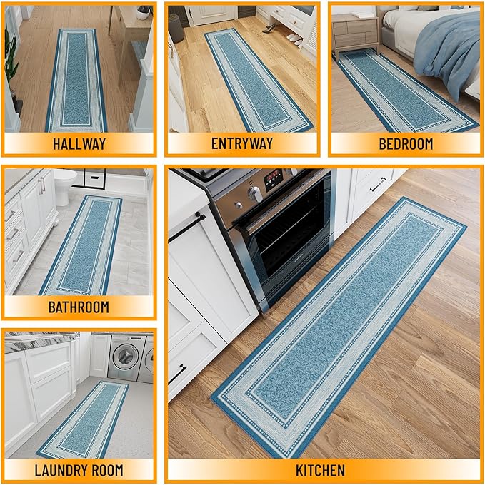 Ottomanson Hallway Runner Rug 1'10" x 7' Non Slip Border Area Rugs Easy to Clean Laundry Rug Runner Durable & Pet Friendly Floor Carpet Runners for Hallways Entryway Living Room Kitchen, Turquoise