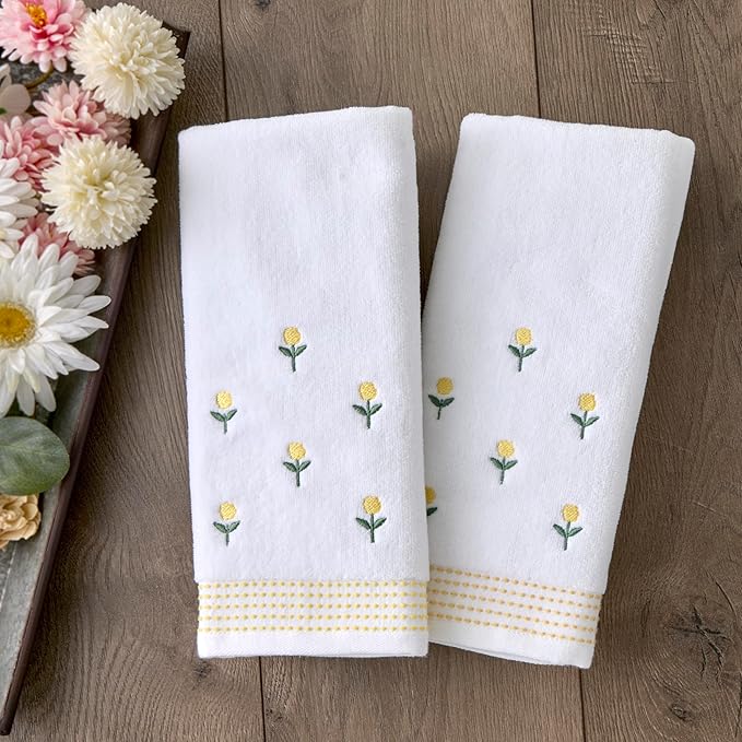 SKL Home Staggered Blossoms Hand Towel 2pc Set for Bath/Kitchen/Bar & Gift, White