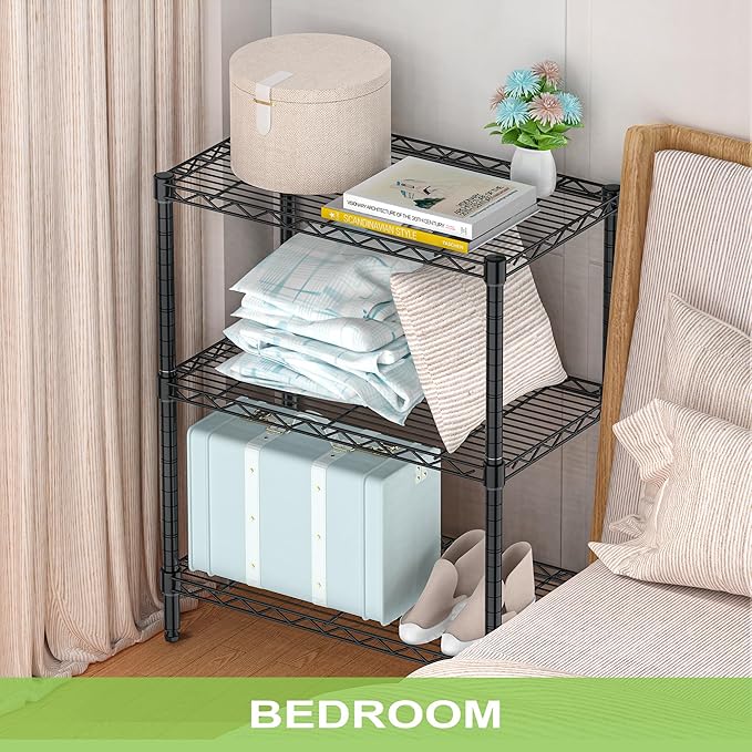 3-Tier Metal Storage Shelves, Steel Wire Rack Units Organizer, Adjustable Utility Shelf, Commercial Metal Shelf for Kitchen Garage Pantry Laundry