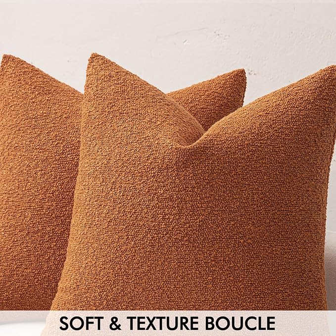 MIULEE Fall 18x18 Inch Decorative Pillow Covers for Couch Bed Set of 2 Textured Boucle Neutral Throw Pillows Orange Accent Solid Cushion Pillowcase Cozy Soft Sofa Livingroom Home Decor