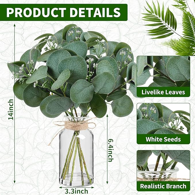14" Artificial Eucalyptus Stems in Glass Vase with Faux Water, Realistic Eucalyptus Leaves Fake Plant Branch Greenery Decoration for Home Farmhouse Bathroom Kitchen Wedding Centerpiece Table Décor