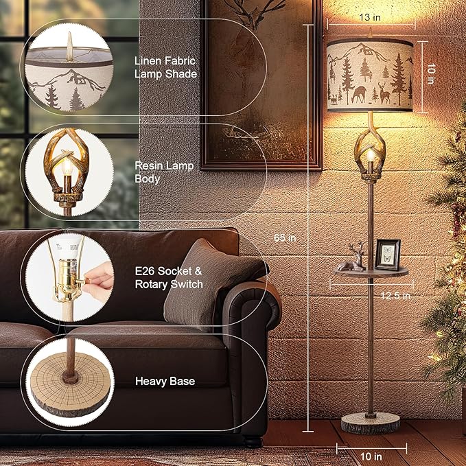 Antlers Style Metal Tray Floor Lamp with Night Light Rustic Standing Lamp with Linen Fabric Shade Farmhouse Vintage Floor Lamp Decor for Living Room Bedroom House Home Office (Bulb Included)