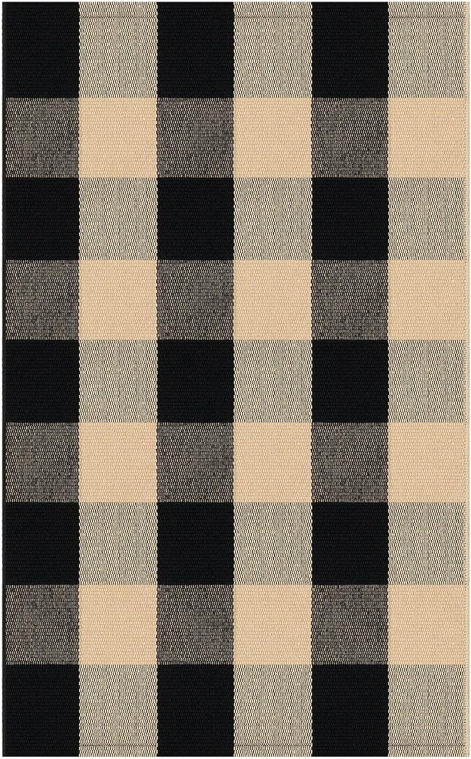 KOZYFLY Buffalo Plaid Area Rugs 2x3 Ft Brown and Black Checkered Rugs Washable Front Door Mat Hand Woven Cotton Outdoor Small Rug for Front Porch Kitchen Entryway Patio Bathroom