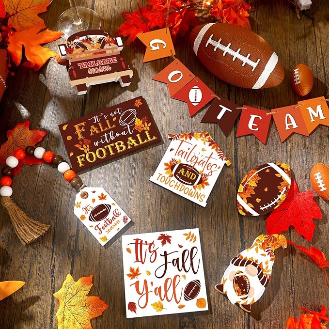 Sumind 15 Pcs Fall Tiered Tray Decor Set Fall Decorations for Home Autumn Wood Signs Thanksgiving Orange Brown Table Signs Farmhouse Wooden Maple Pumpkin Gnomes Tabletop for Festival(Football)