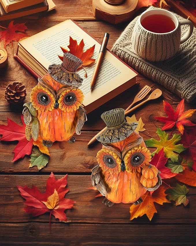 2-Pack Resin Owl Figurine 4.7'' - Thanksgiving Table Decor Harvest Pumpkins Corns Decorations Indoor Autumn Centerpieces Favors Gifts for Women All Ages