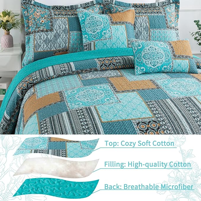 VAPUTAR Cotton Quilt Queen Size Bedding Set - 3 Pieces Queen Quilt Bedding Set, Boho Queen Size Quilts, Lightweight Reversible Coverlets Bedspreads for Farmhouse Bedroom (Teal/Green Chic)