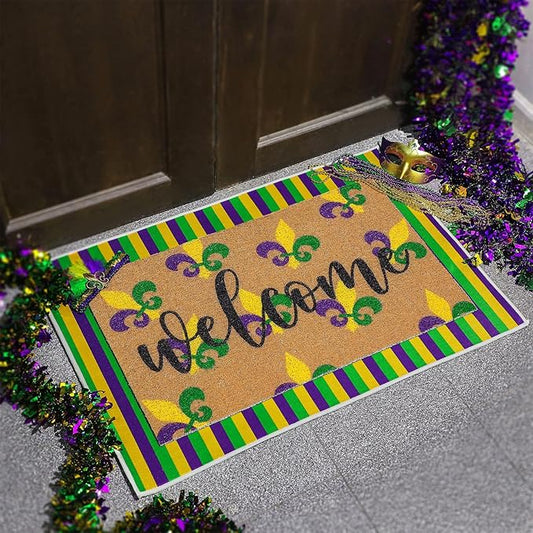 2 Pcs Door Mat Welcome Non Slip Coir Mats Floor Layering Doormats Seasonal for Front Porch Entryway Decor(Mardi Gras)