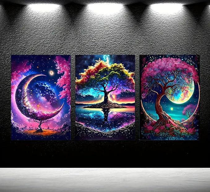 EVPYXFUT 3PCS Tree of Life Wall Art Moon Canvas Poster Romantic Starry Night Pictures Fantasy Forest Paintings Tree Life Prints Visual Modern Abstract Wall Decor for Living Room Bedroom Unframed