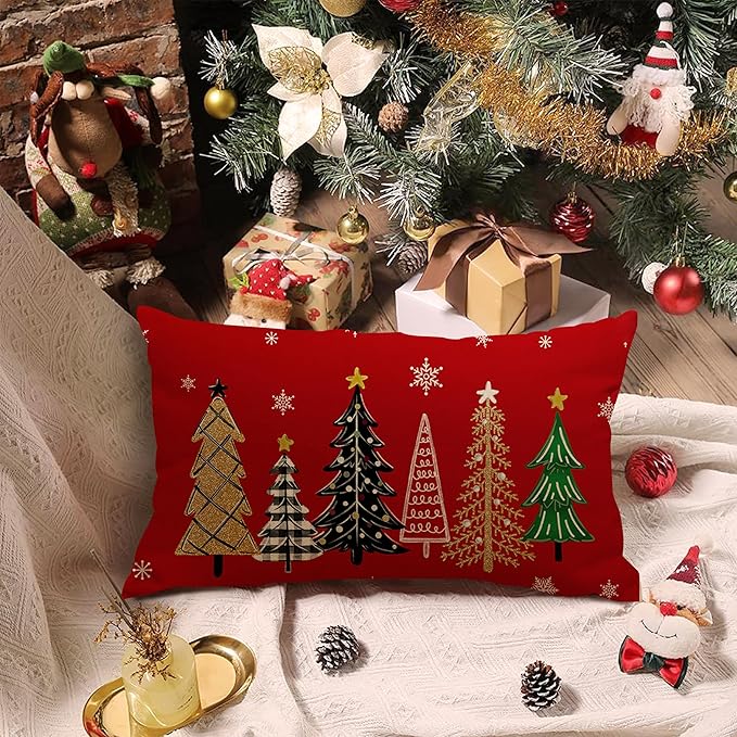 Christmas Pillow Cover 12X20 Inch Red Green Christmas Tree Stars Decoration Holiday Farmhouse Winter Pillow Case for Sofa Couch Decor