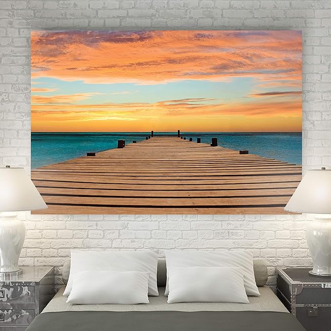 Renditions Gallery Nature Wall Art Pictures & Prints Ocean Dock View of Orange Sundown Canvas Hanging Artwork for Bedroom Office Kitchen Wall Decor - 32"X48" LT08