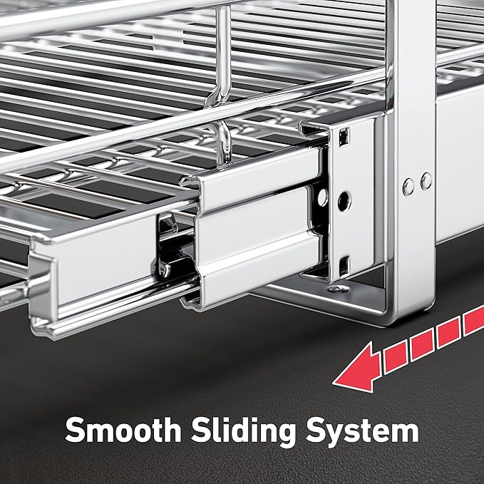 Pull Out Cabinet Organizer(11" W x 21" D), 2 Tier Wire Basket Slide Out Shelf Storage with Wood Handle, Pull Shelf Drawers for 12-1/4” Cabinet Opening, Chrome