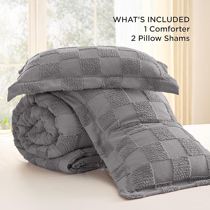 Bedsure King Size Comforter Set Grey, Boho Tufted Bed Set, Checkered Farmhouse Shabby Chic Bedding, 3 Pieces, 1 Plaid Geometric Comforter and 2 Pillow Shams