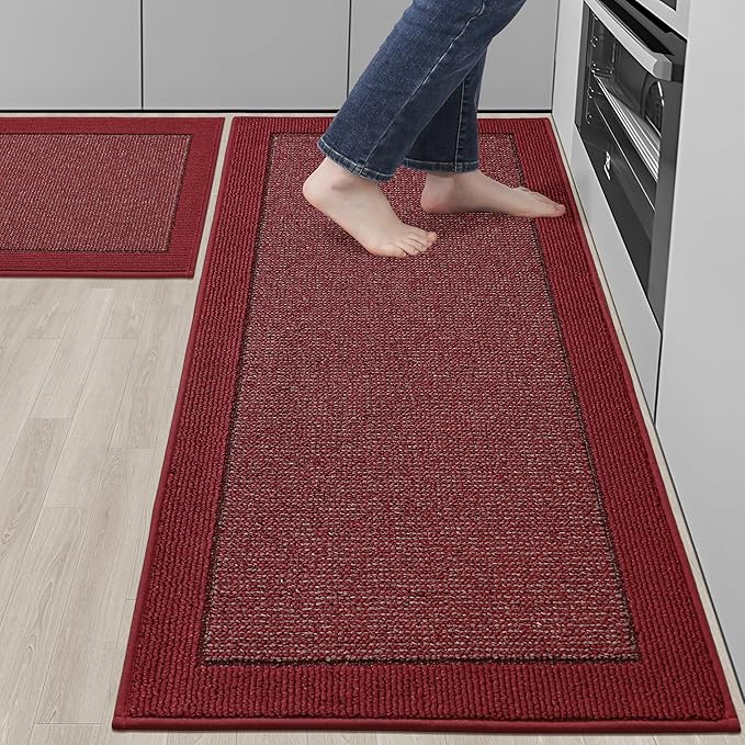 BEQHAUSE Kitchen Rugs and Mats Set of 2 Non-Slip Kitchen Mats for Floor, Absorbent and Stain Resistant Kitchen Runner, Machine Washable Rugs for Kitchen, Laundry & Sink, 24"x36"+24"x60", Red