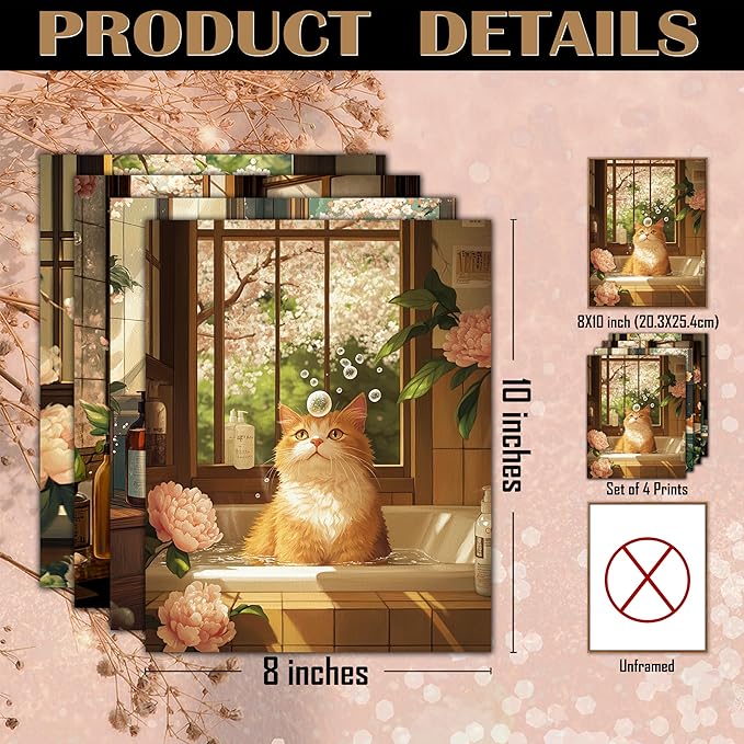FITIE Funny Orange Cat Bathroom Wall Art Prints Set of 4, Vintage Floral Funny Orange Cat in Bathtub Wall Art Posters for Bathroom Washroom Restroom Decor, 8x10 Unframed