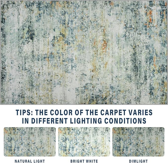 Area Rug Living Room Rugs: 6x9 Rug for Bedroom Machine Washable with Non Slip Backing Non Shedding Abstract Stain Resistant Large Carpet for Dining Room Nursery Home Office - Sage Green/Multi