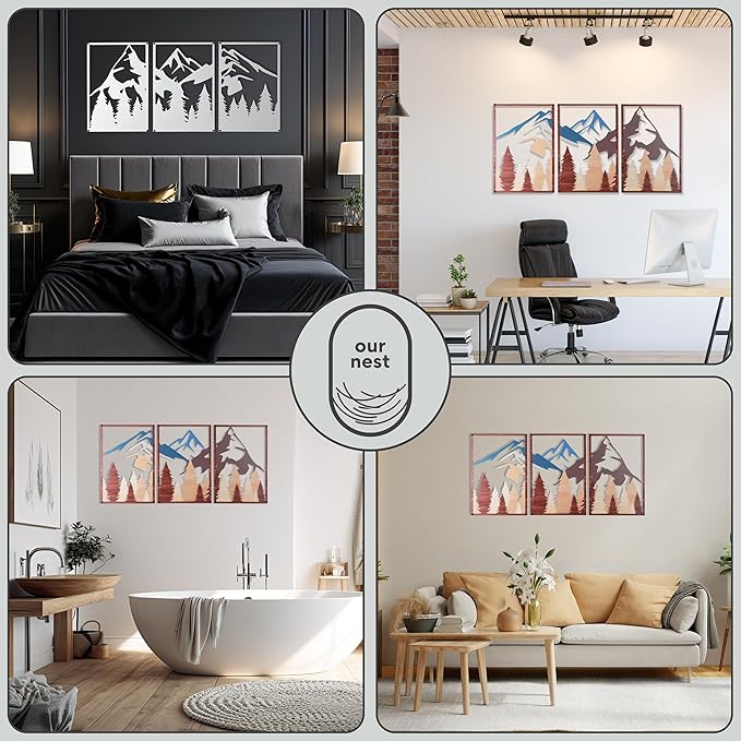 OUR NEST Metal Wall Art Set of 3 – Abstract Mountain Landscape Panels, 3D Rustic Nature Wall Decor for Living Room, Bedroom, Bathroom – Minimalist Metal Wall Sculpture, Modern Home Décor Gift (16" x 11")