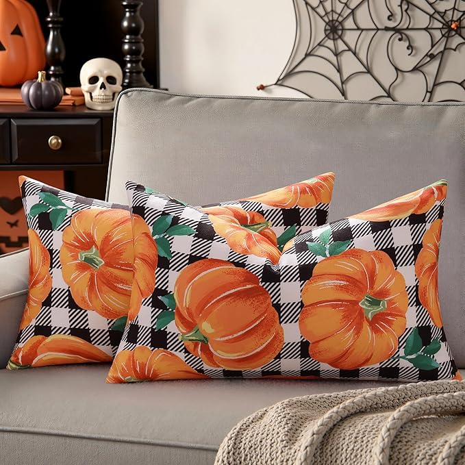 decorUhome Fall Orange Pumpkin Linen Decorative Throw Pillow Covers 12x20 Set of 2, Lumbar Buffalo Plaid Check Farmhouse Gingham Cushion Covers with Stitched Edge for Autumn Harvest Couch Sofa Bed
