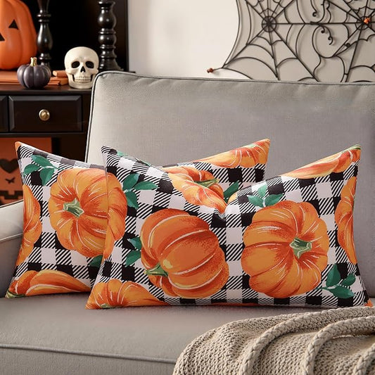 decorUhome Fall Orange Pumpkin Linen Decorative Throw Pillow Covers 12x20 Set of 2, Lumbar Buffalo Plaid Check Farmhouse Gingham Cushion Covers with Stitched Edge for Autumn Harvest Couch Sofa Bed