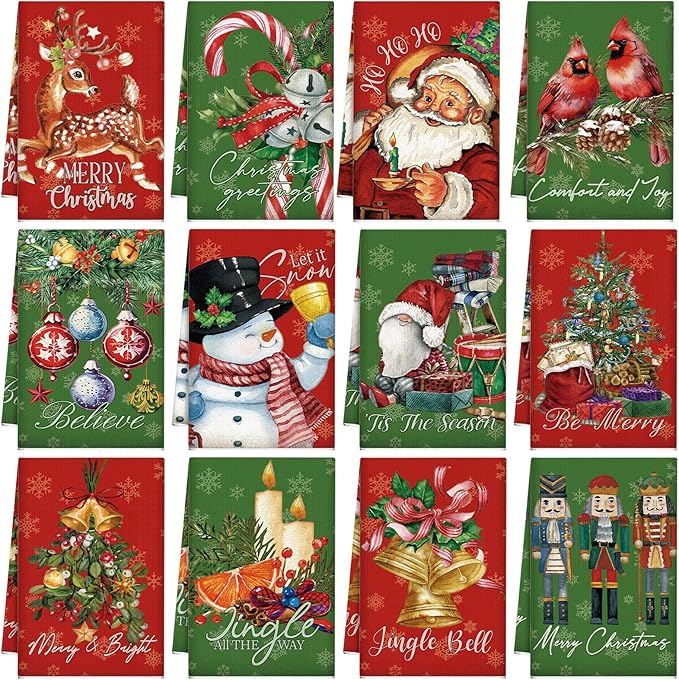 12 Pcs Christmas Kitchen Towels and Dishcloths Absorbent Christmas Tree Reindeer Truck Hand Dish Towels Decoration for Xmas Home Gift Supplies, 14.2 x 21.3 Inch (Exquisite Style)
