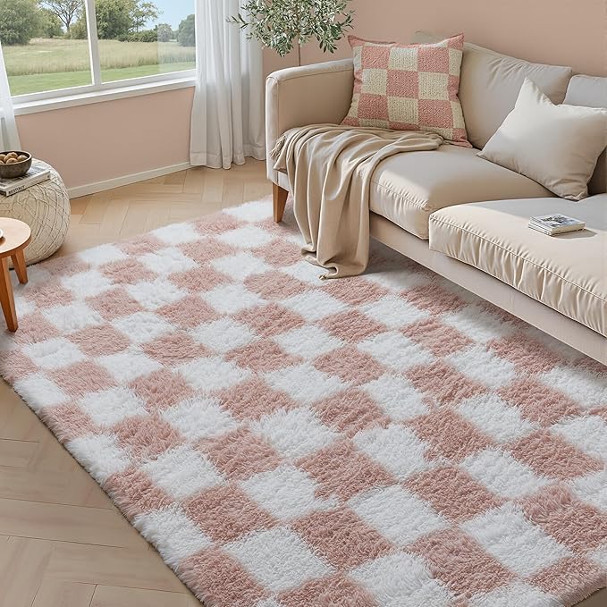 Checkered Rug 5x8 for Living Room, Pink and White Modern Shag Rug Super Soft Washable Indoor Fuzzy Carpet Non-Slip Fluffy Rugs for Bedroom Home Aesthetic Decor
