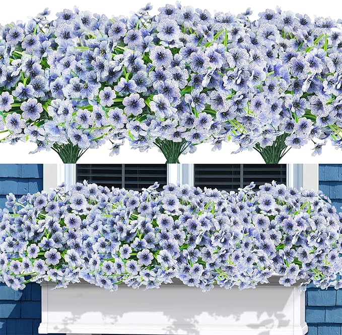 Uieke 16 Bundles Artificial Flowers for Outdoors UV Resistant Fake Flowers No Fade Faux Greenery Plastic Plants for Garden Porch Window Box Home Party Wedding Spring Autumn Décoration (Blue)