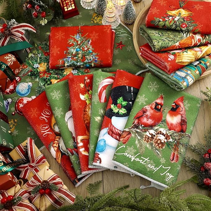 12 Pcs Christmas Kitchen Towels and Dishcloths Absorbent Christmas Tree Reindeer Truck Hand Dish Towels Decoration for Xmas Home Gift Supplies, 14.2 x 21.3 Inch (Exquisite Style)