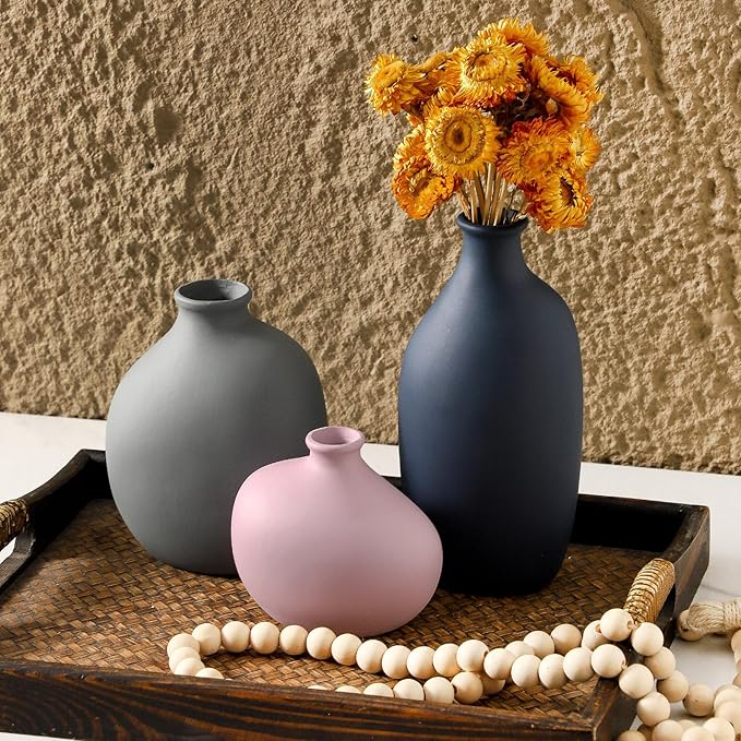 Ceramic Vase Set of 3,Decorative Vases Home Decor, Modern Boho Rustic Farmhouse Pottery Vases for Pampas Grass Dried Fresh Flowers,Bedroom,Living Room,Bookshelf, Mantel，Centerpiece Table Decor