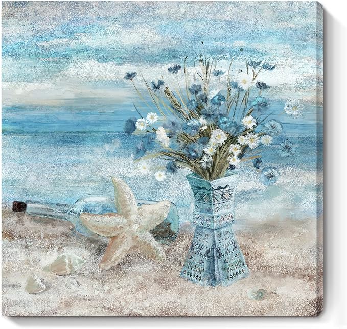 Large Canvas Wall Art for Living Room Blue Beach Wall Decor Ocean Theme Print Seaside Framed Artwork for Bedroom Bathroom Abstract Seascape Painting Coastal Flower Picture Home Office Decor 30x30inch