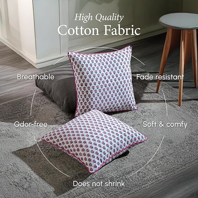 CPC 100% Cotton Throw Pillow Covers 24x24 Inch, Set of 2 Pink Block Print Pattern Couch Pillow, Cute Boho Decorative Pillows for Living Room, Bedroom with Hidden Zipper- Pink Sapphire