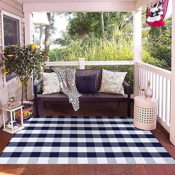 SEEKSEE Cotton Buffalo Plaid Rug 4'x6' Navy Blue and White Hand Woven Checked Rug Washable Doormats Indoor Outdoor Rugs for Layered Front Door Mats, Porch, Kitchen, Farmhouse, Entryway