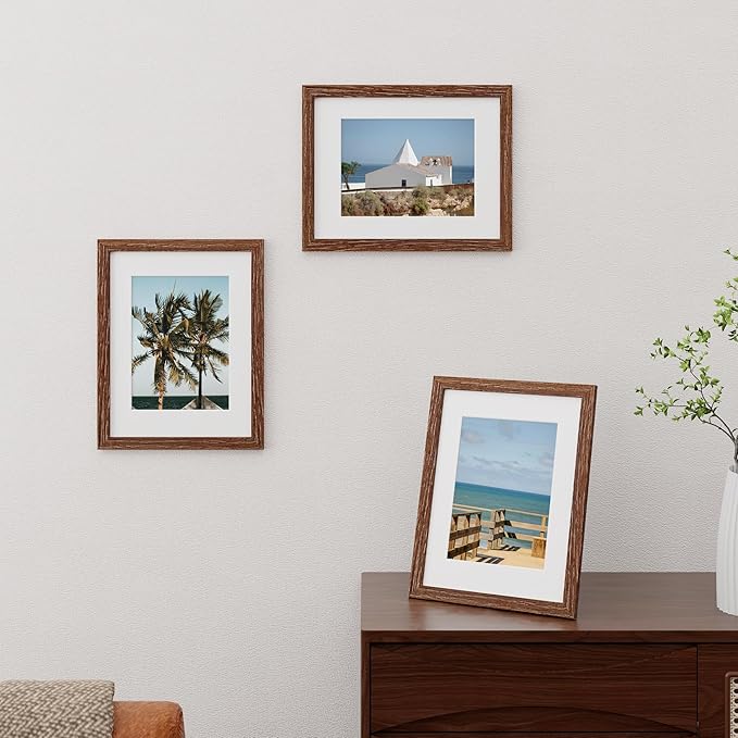 Fun Memories Solid Oak Wood Frame 8.5x11 Photo Frames With Real Glass, Display Poster 6x8 With Mat or Without Mat, Wall Display, Walnut Color, 3 Pack