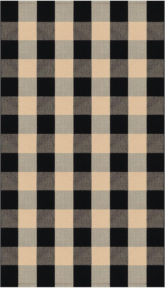 KOZYFLY Buffalo Plaid Area Rugs 3x5 Ft Brown and Black Checkered Rug Washable Front Door Mat Hand Woven Cotton Outdoor Rugs Large Rug for Front Porch Kitchen Entryway Patio Bathroom