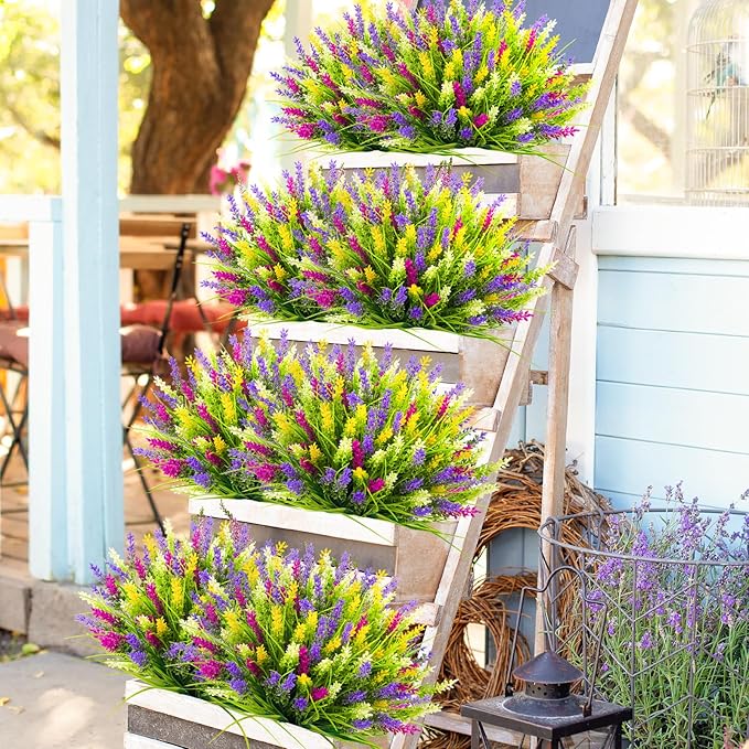 N&T NIETING 20 Bundles Artificial Plants Outdoor Fake Monkey Grass with Flowers for Pot Garden Verandah Decor for Window Garden Office Patio Hanging Planter Pathway Front Porch (Mix Color 2)