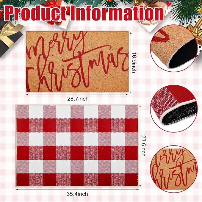 2 Pcs Christmas Door Mat Xmas Welcome Non Slip Coir Mats Merry Christmas Red White Buffalo Plaid Floor Layering Doormats Seasonal for Front Porch Entryway Decor(Red White Buffalo)