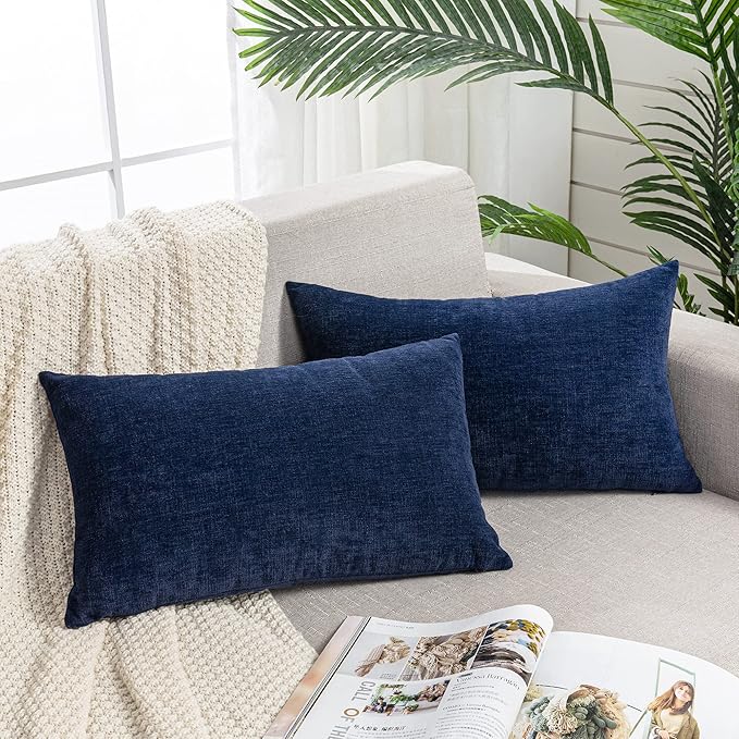 GAWAMAY Lumbar Support Pillow Decorative Rectangle Throw Pillow Covers 12"x20" Inch Set of 2, Soft Chenille Pillowcase for Living Room Bedroom Sofa Couch Cushion Cover Navy Blue 30x50cm (ONLY Covers)