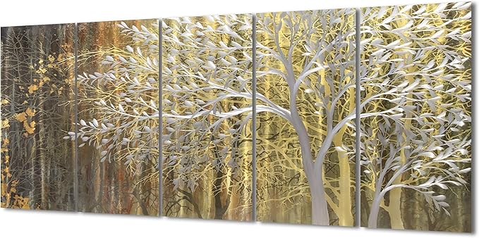 Yihui Arts Gold Metal Wall Art Handcrafted Tree on Aluminum Artwork Modern Forest Pictures with 3D for Living Room Bedroom Kitchen Decor