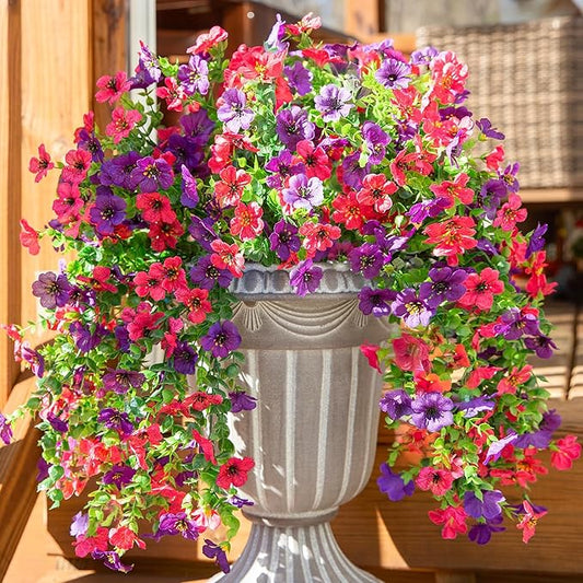 Artificial Flowers for Outdoors Decoration, 2Pcs Fake Hanging Spring Summer Decor, Purple and Hotpink Realistic Plants, UV & Fading Resistant Silk Flower for Porch Patio Balcony Planter Yard