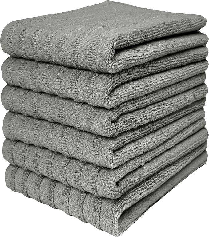Premium Kitchen Towels (20”x 28”, 6 Pack) | Large Solid Cotton Hand Towels | 400 GSM | Highly Absorbent Dish Cloths with Hanging Loop | Gray