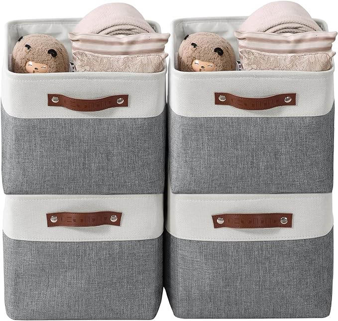 DECOMOMO Storage Bins Fabric Storage Baskets for Shelves, Linen Closet Organization Toys Nursery (Slate Grey and White, Large - 4 Pack)