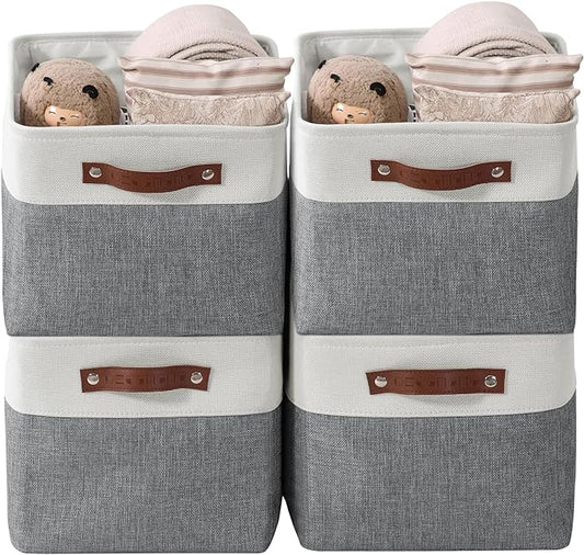 DECOMOMO Storage Bins Fabric Storage Baskets for Shelves, Linen Closet Organization Toys Nursery (Slate Grey and White, Large - 4 Pack)